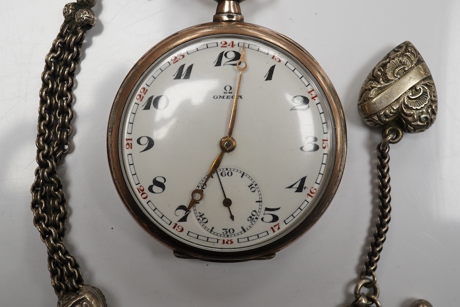 An 800 standard white metal Omega open faced keyless pocket watch, with Arabic dial and subsidiary seconds, case diameter 48mm, together with a white metal albertina. Condition - poor